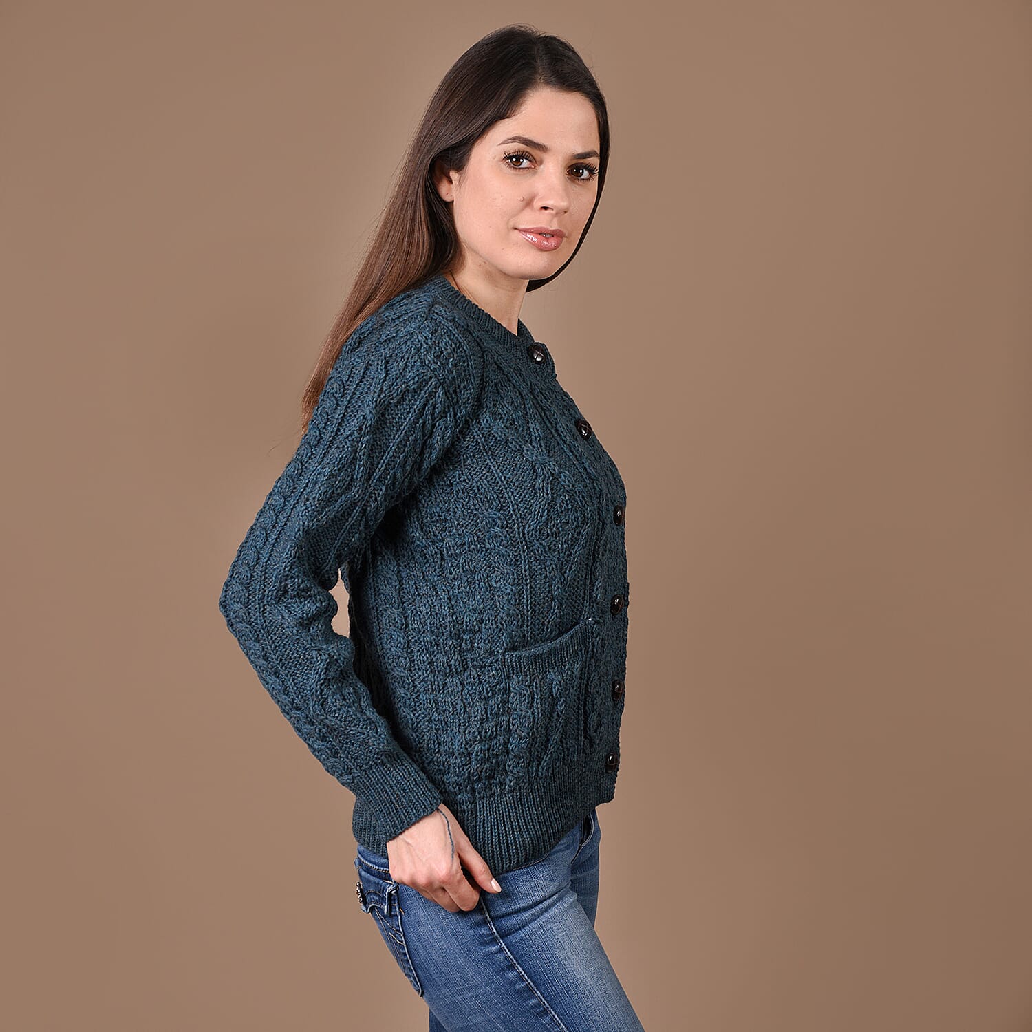 Aran Merino Wool Rope Cable Detailing Women's Cardigan - Teal 6251493 3