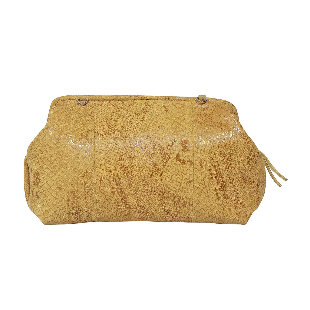 ASSOTS LONDON Harper Genuine Leather Snake Print Oversized Clutch Bag with Adjustable Shoulder Strap - Mustard