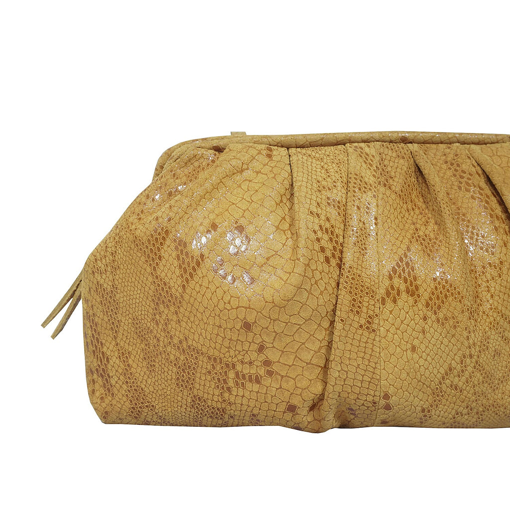 ASSOTS LONDON Harper Genuine Leather Snake Print Oversized Clutch Bag with Adjustable Shoulder Strap - Mustard