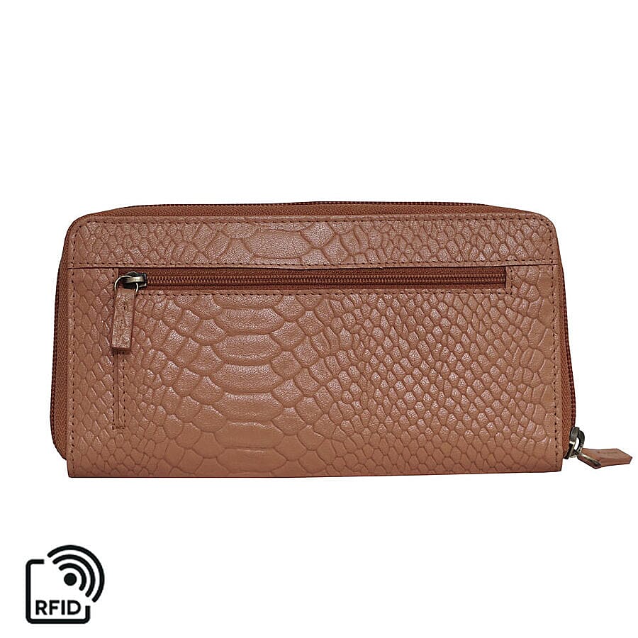 Assots London HAZEL Python Embossed Genuine Leather RFID Zip Around Purse (Size 20x2x10 Cm) - Rust