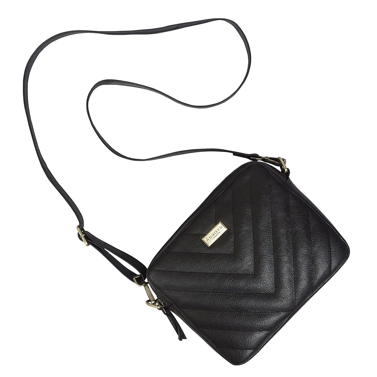 ASSOTS LONDON Iris 100% Genuine Leather Quilted Pattern Crossbody Bag with Detachable Shoulder Strap - Black 6919025 1