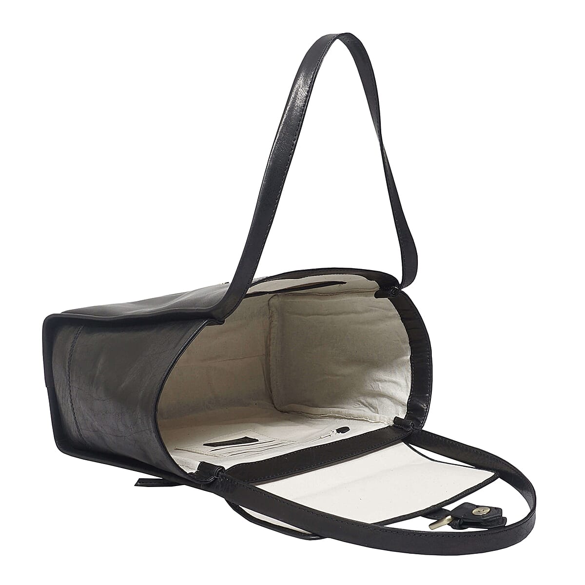 Assots London Swan Collection Premium Genuine Semi Vegetable Polished Leather Flap-Over Shoulder Bag - Black 8727088 2