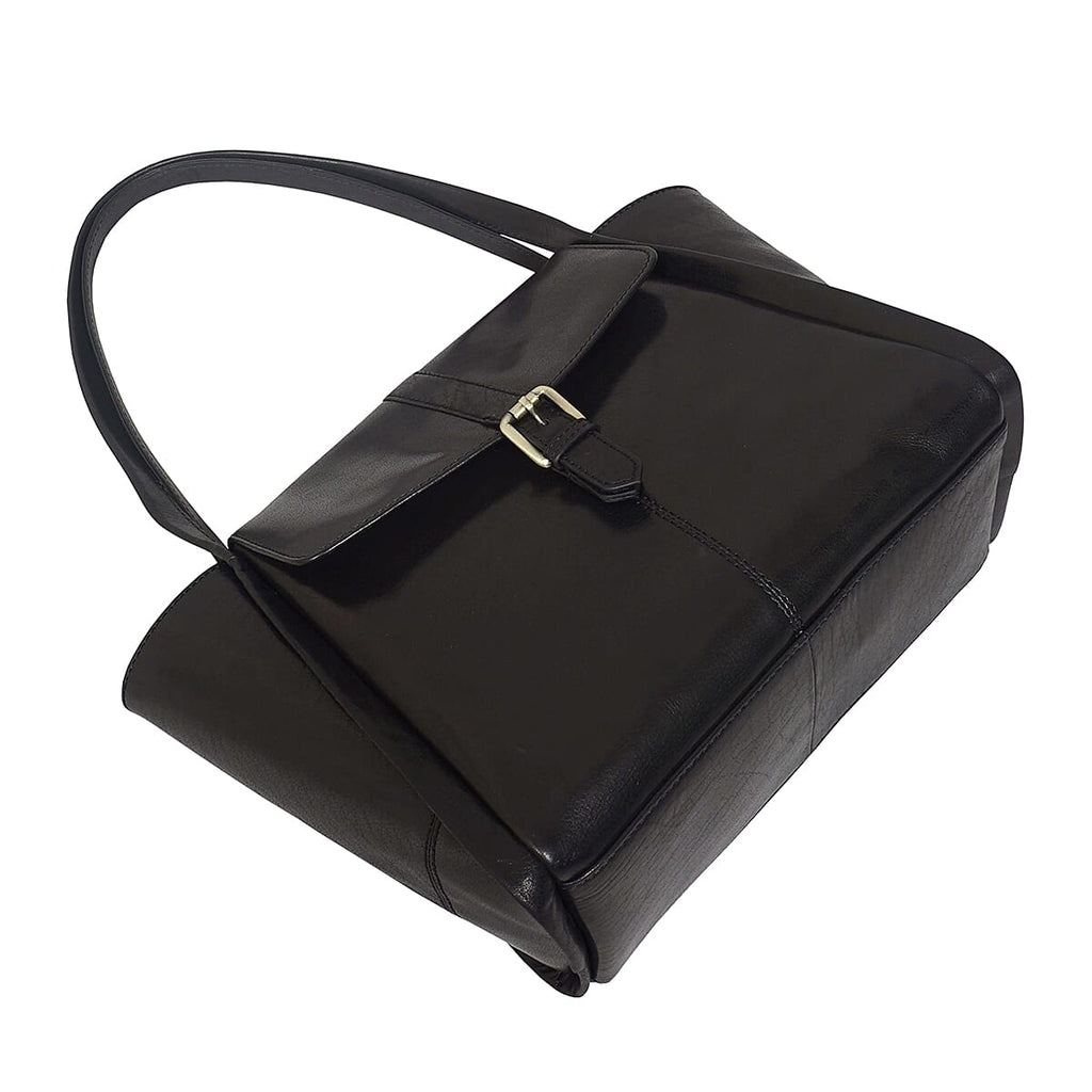 ASSOTS LONDON Swan Collection Premium Genuine Semi Vegetable Polished Leather Flap-Over Tote Bag - Black