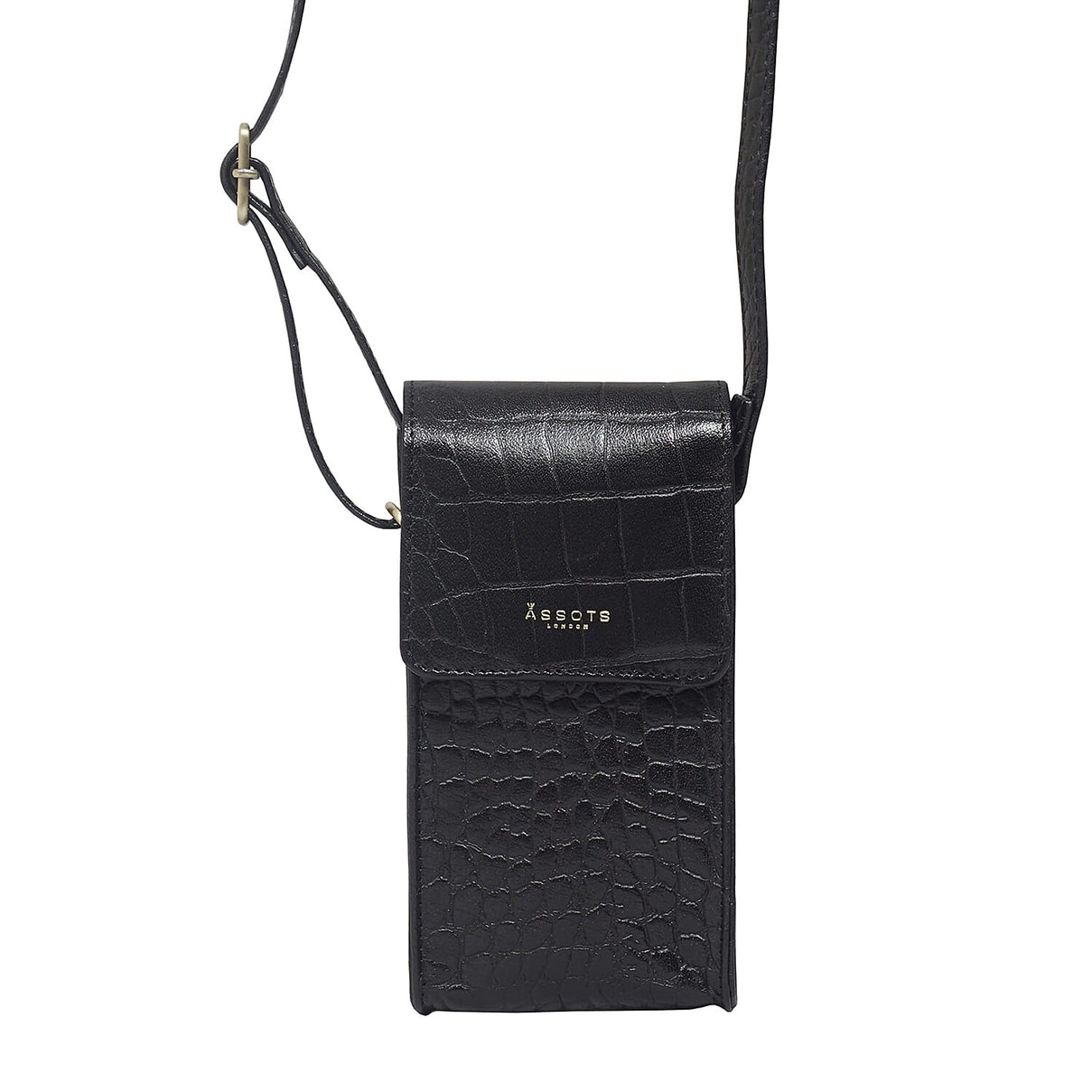 Assots London Tracy 100% Genuine Leather Croc Pattern Mobile Crossbody Bag with Shoulder Strap - Black 8834023 0