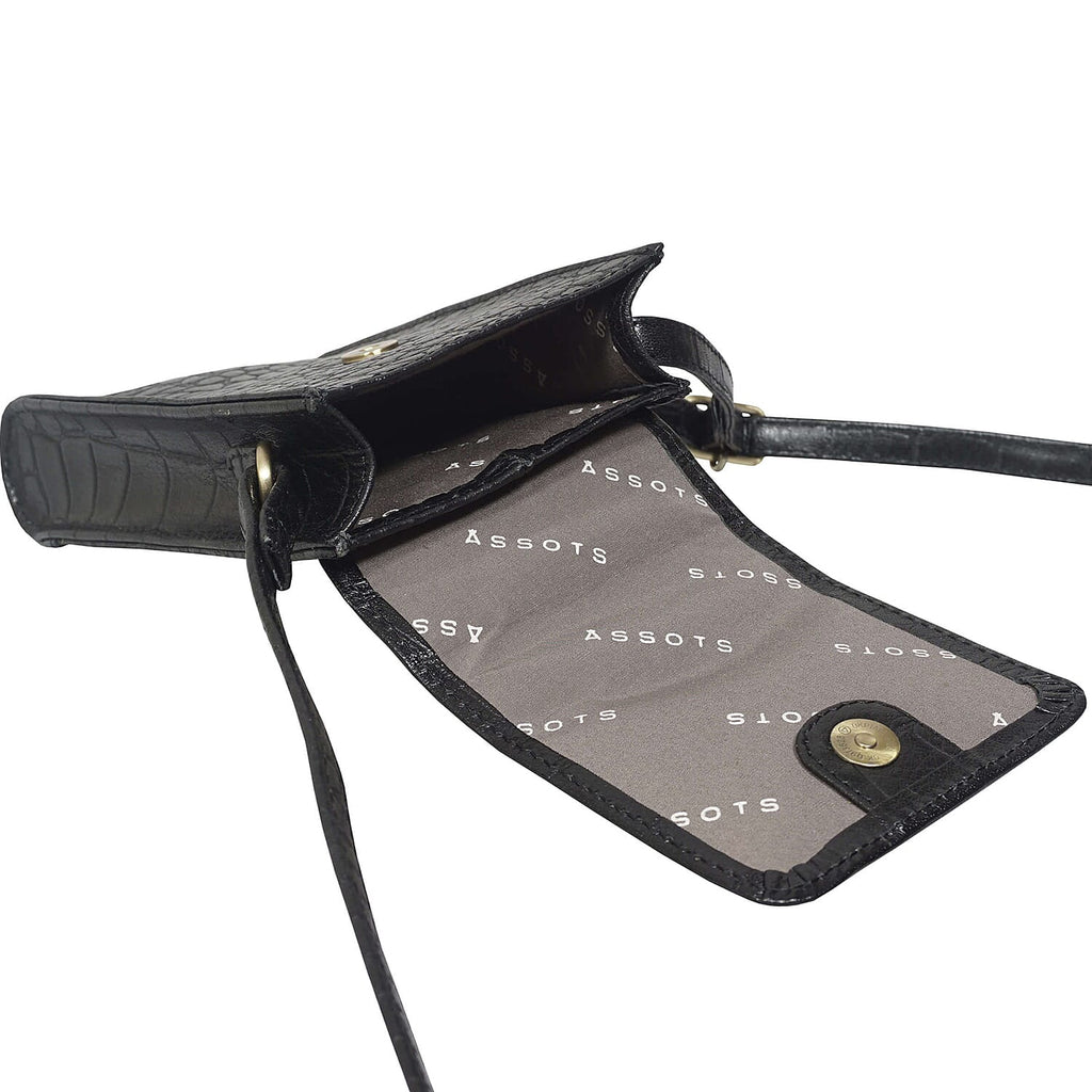ASSOTS LONDON Tracy 100% Genuine Leather Croc Pattern Mobile Crossbody Bag with Shoulder Strap - Black