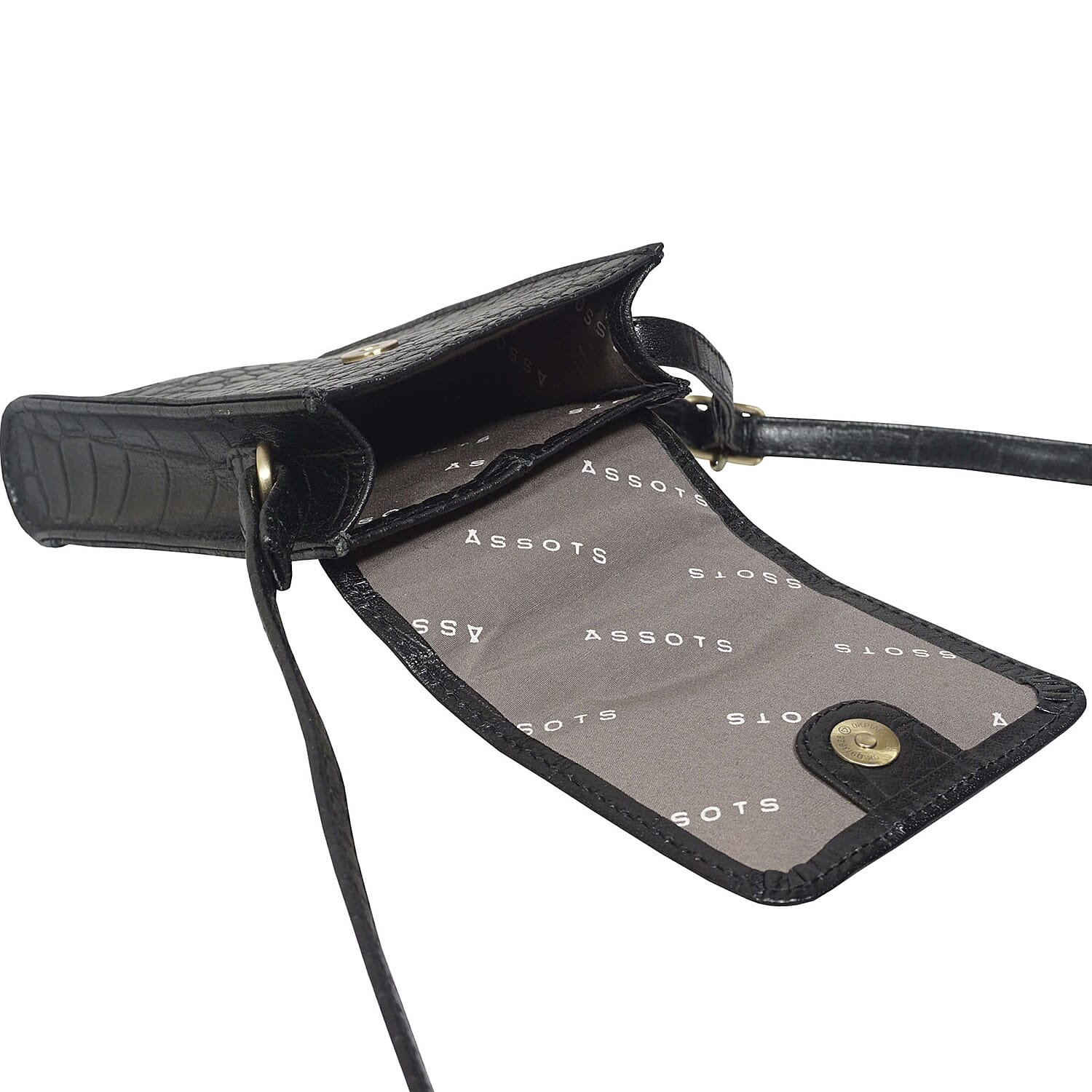 Assots London Tracy 100% Genuine Leather Croc Pattern Mobile Crossbody Bag with Shoulder Strap - Black 8834023 2