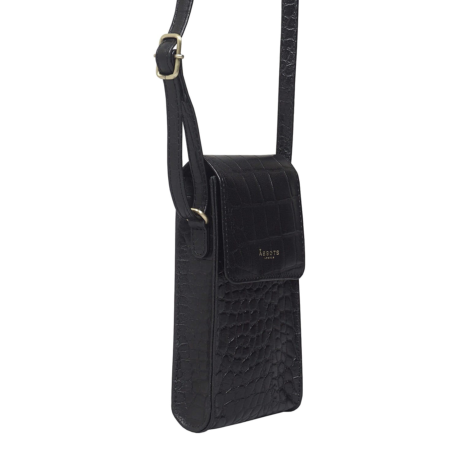 Assots London Tracy 100% Genuine Leather Croc Pattern Mobile Crossbody Bag with Shoulder Strap - Black 8834023 3