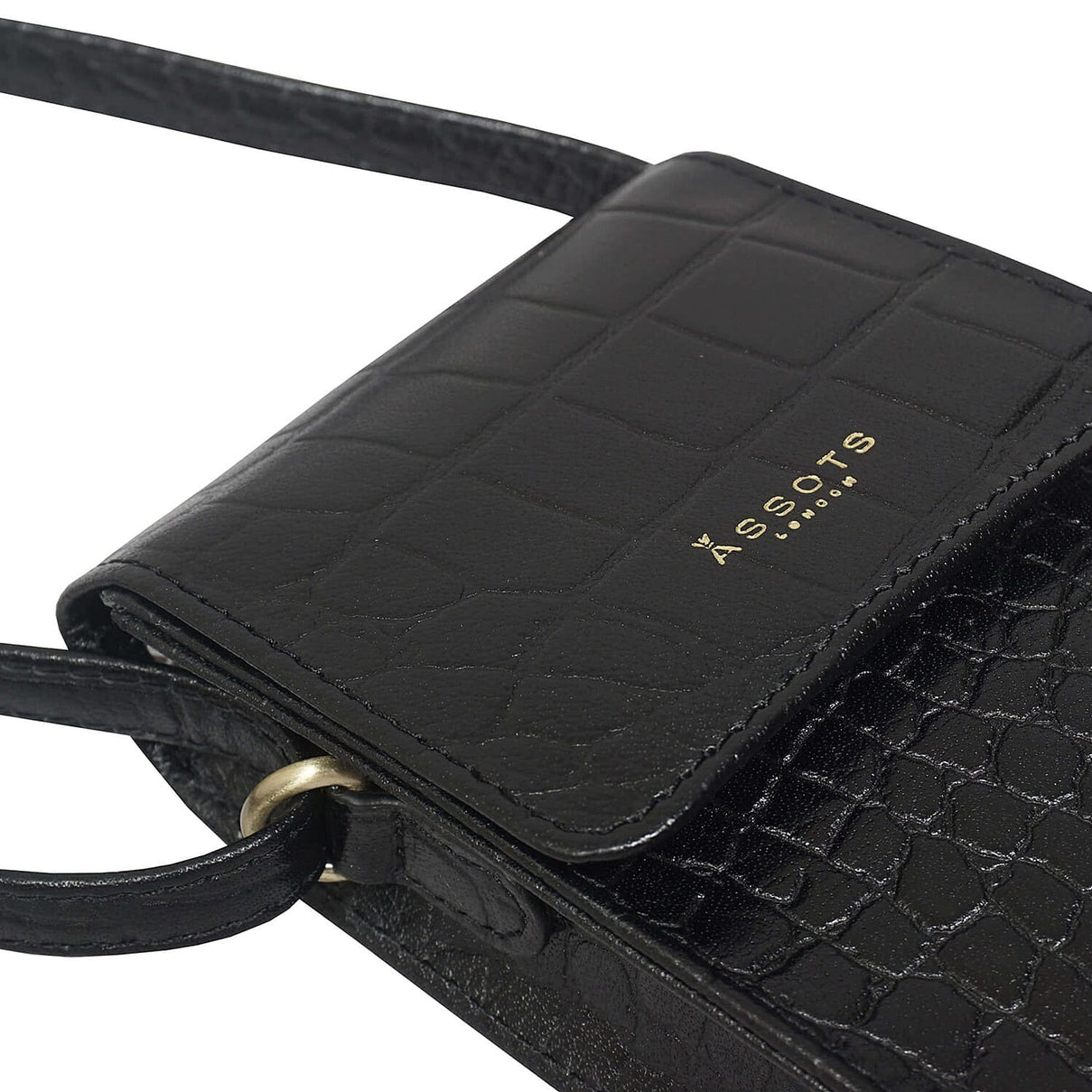Assots London Tracy 100% Genuine Leather Croc Pattern Mobile Crossbody Bag with Shoulder Strap - Black 8834023 5