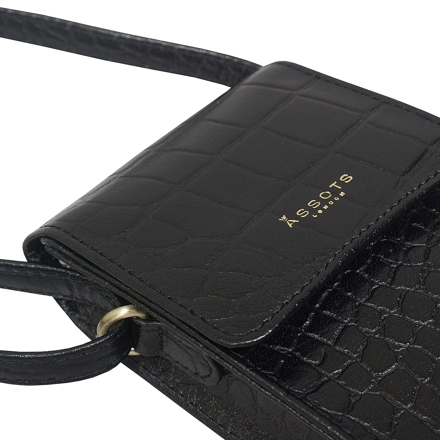 Assots London Tracy 100% Genuine Leather Croc Pattern Mobile Crossbody Bag with Shoulder Strap - Black 8834023 5