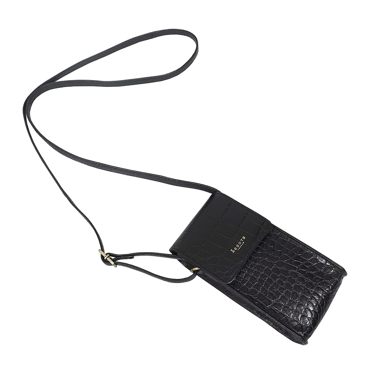 Assots London Tracy 100% Genuine Leather Croc Pattern Mobile Crossbody Bag with Shoulder Strap - Black 8834023 6