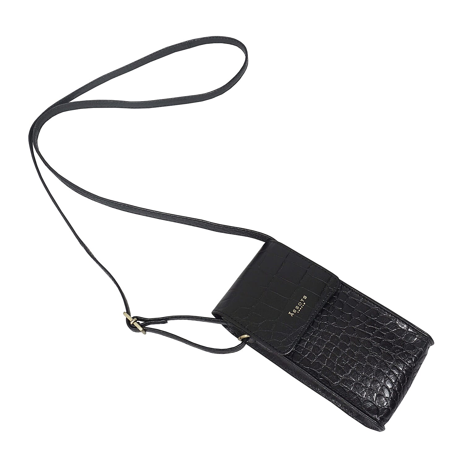 Assots London Tracy 100% Genuine Leather Croc Pattern Mobile Crossbody Bag with Shoulder Strap - Black 8834023 6