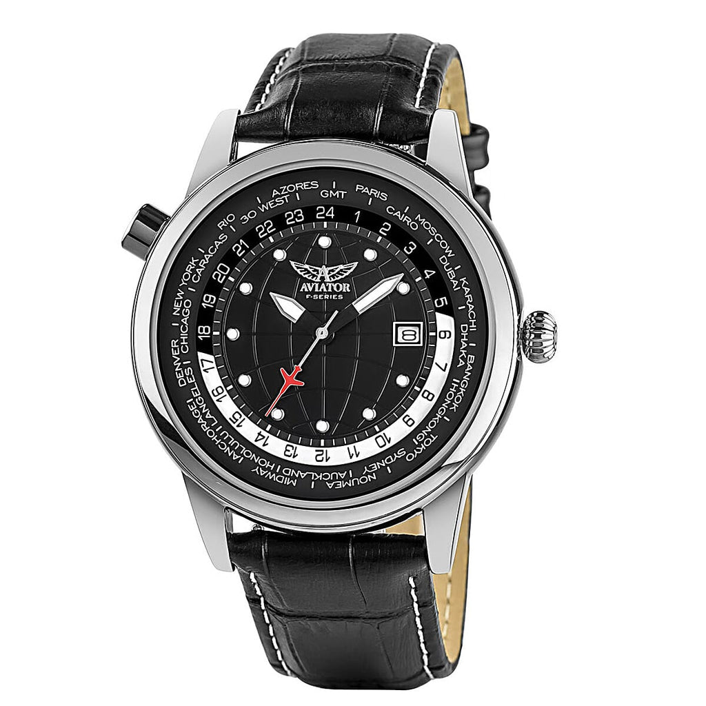 AVIATOR World Timer 3 ATM Water Resistant Watch with Black Leather Strap