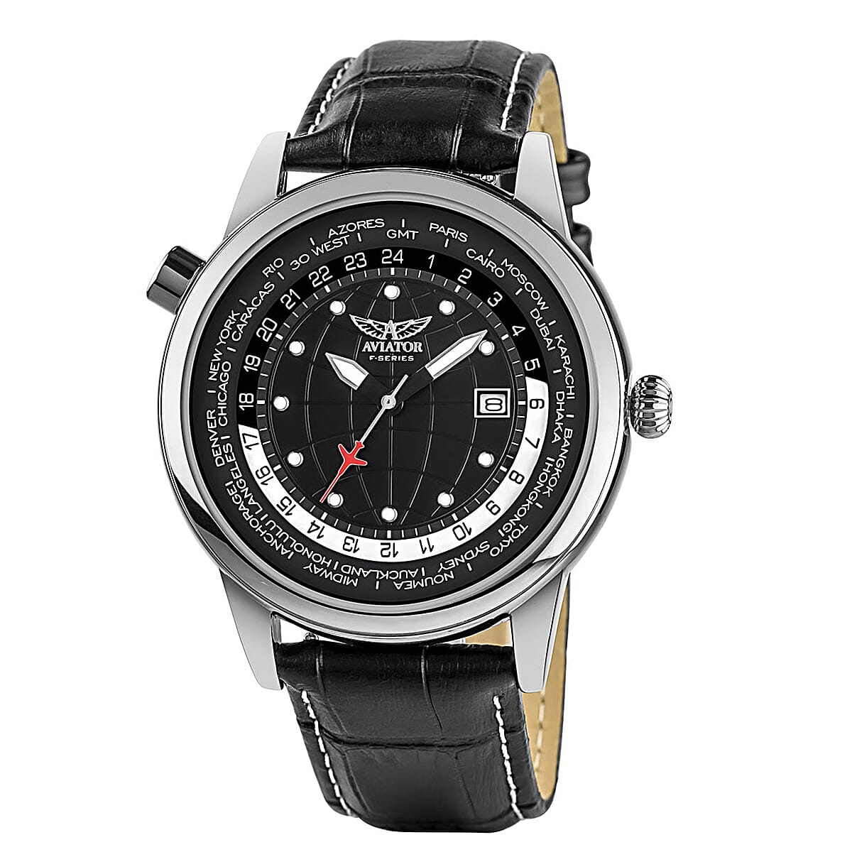 AVIATOR Analog Watch with World Timer 3 ATM Water Resistant Watch with Black Leather Strap 7735530 0
