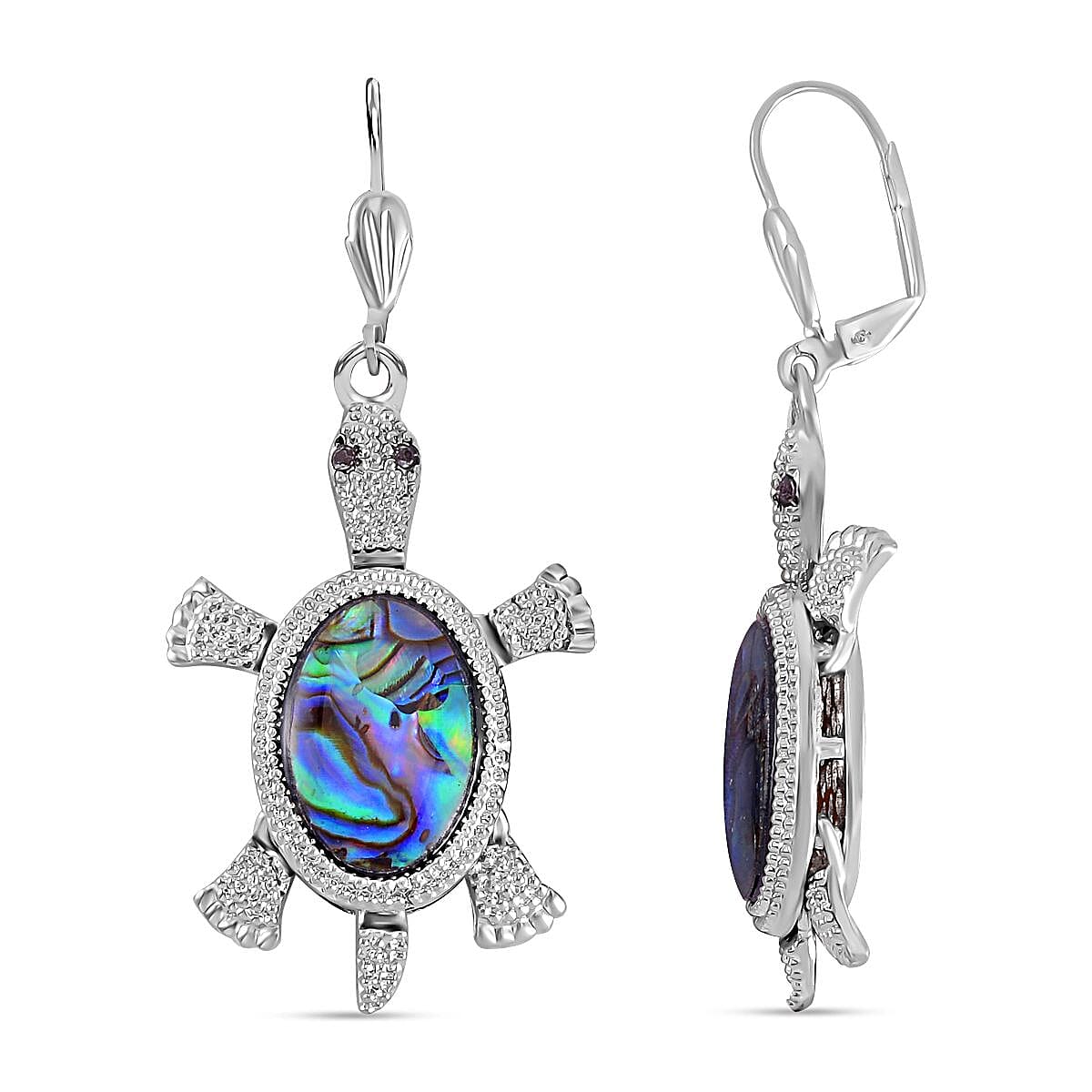 Abalone Shell &amp; Black Austrian Crystal Turtle Earrings in Silver Tone 7568544 0