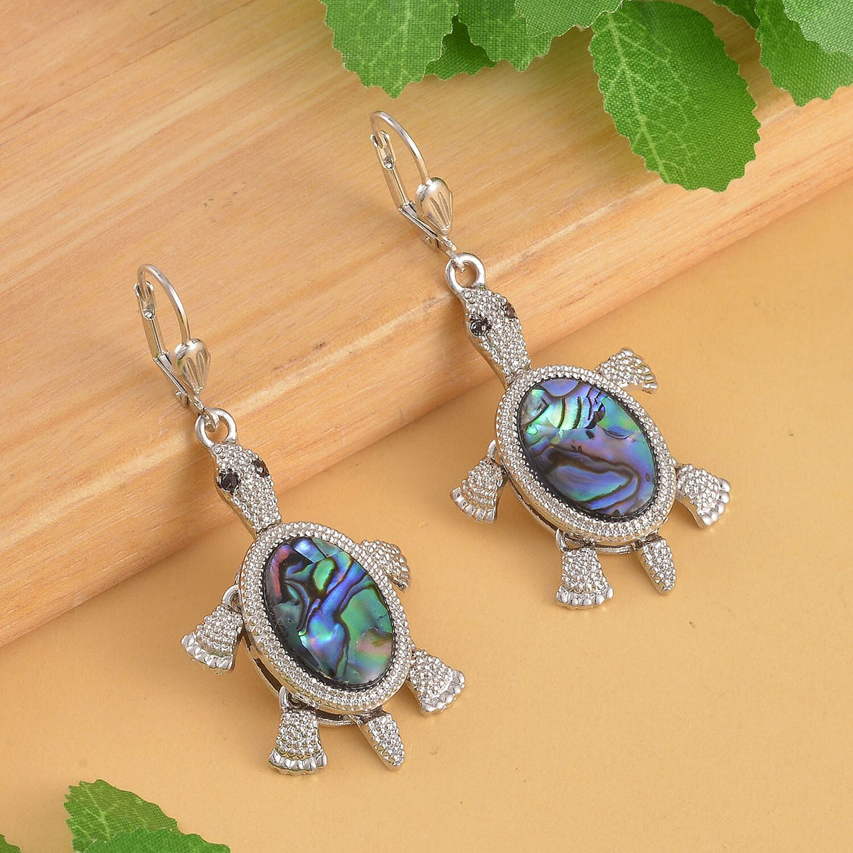 Abalone Shell &amp; Black Austrian Crystal Turtle Earrings in Silver Tone 7568544 1