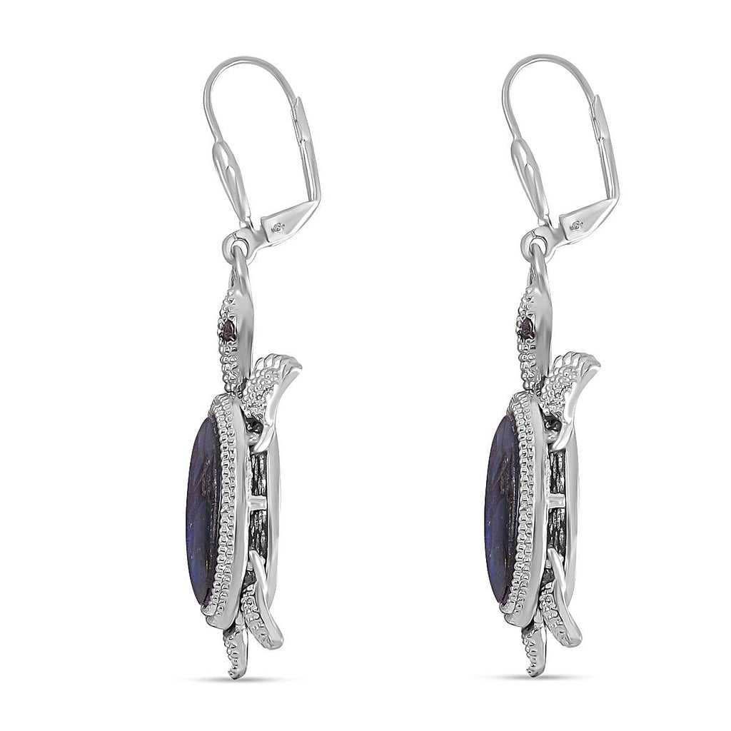 Abalone Shell & Black Austrian Crystal Turtle Earrings in Silver Tone