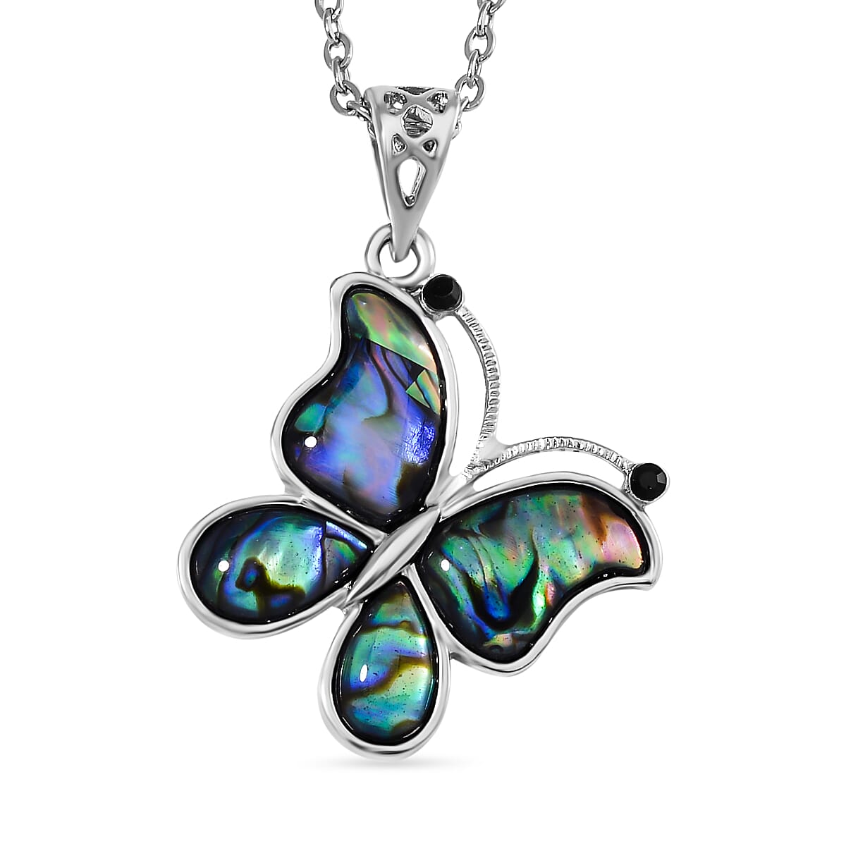 Abalone Shell and Black Austrian Crystal Butterfly Pendant with Chain (Size 20) 4289625 0