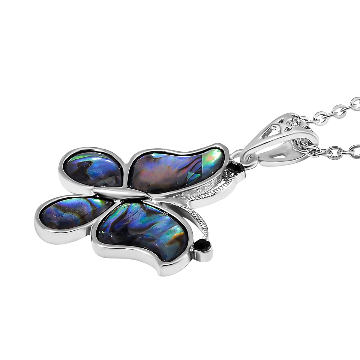 Abalone Shell and Black Austrian Crystal Butterfly Pendant with Chain (Size 20) 4289625 3