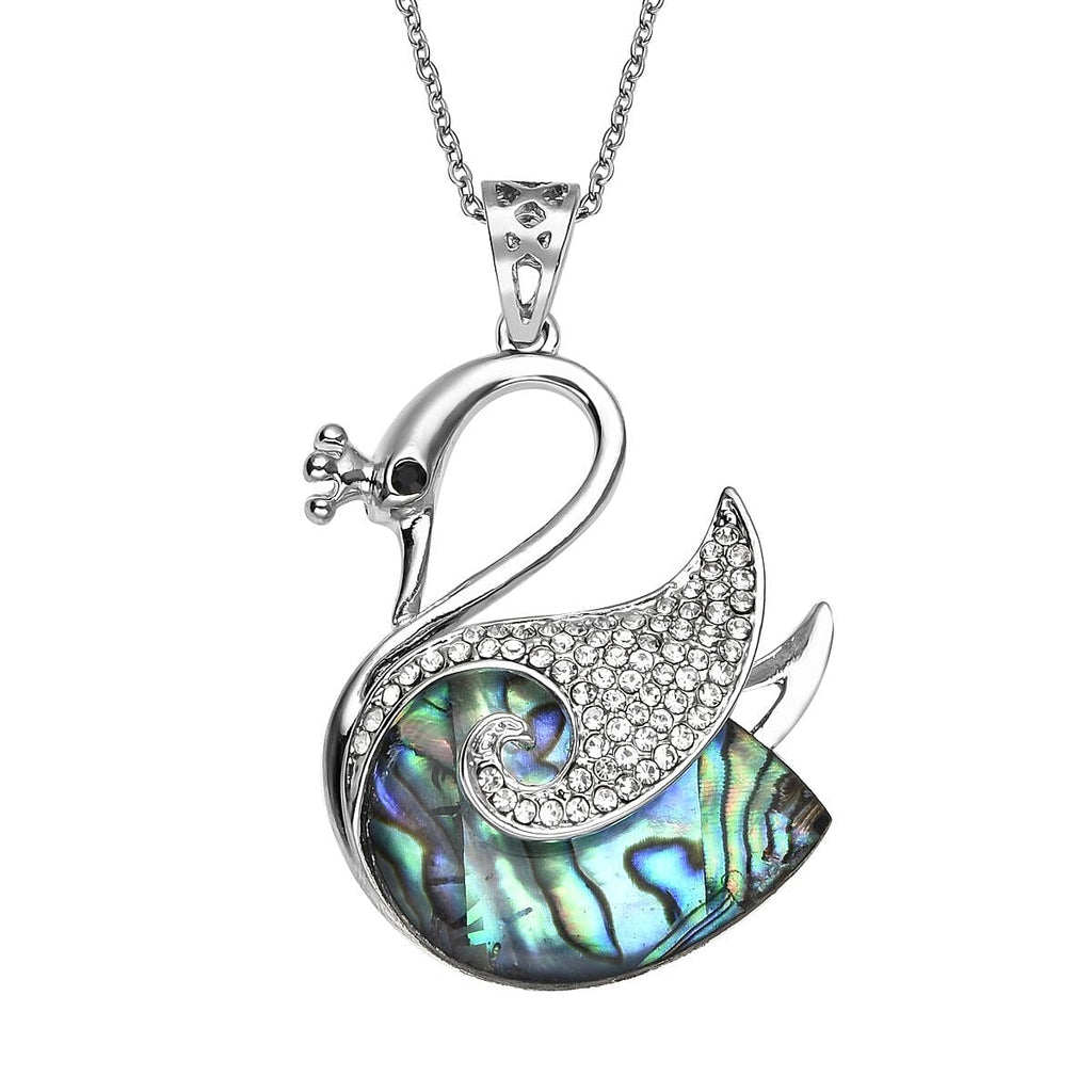 Abalone Shell, Black & White Austrian Crystal Swan Pendant with Chain (Size-20) in Silver Tone