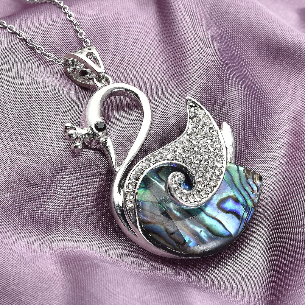 Abalone Shell, Black & White Austrian Crystal Swan Pendant with Chain (Size-20) in Silver Tone