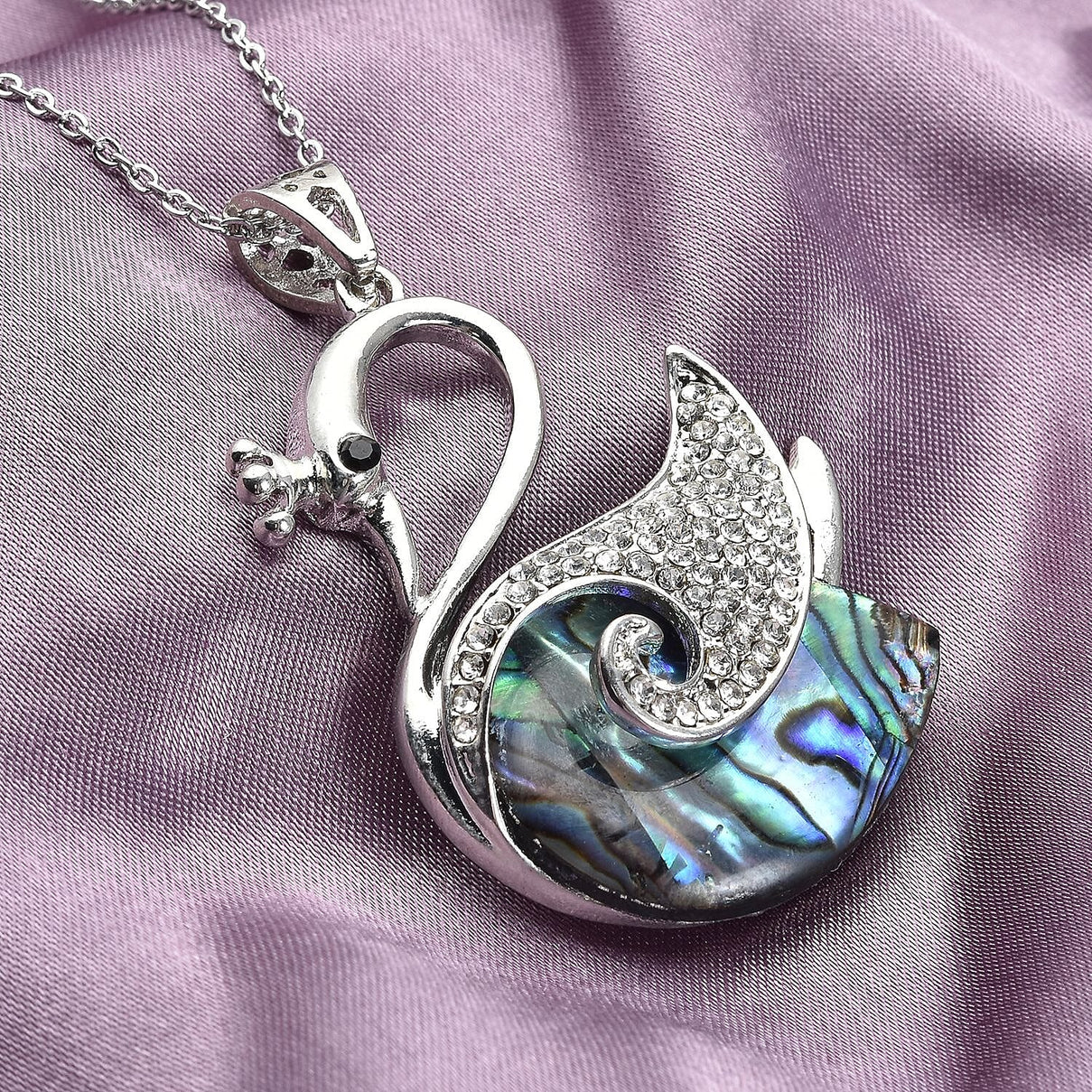 Abalone Shell, Black &amp; White Austrian Crystal Swan Pendant with Chain (Size-20) in Silver Tone 4112695 2