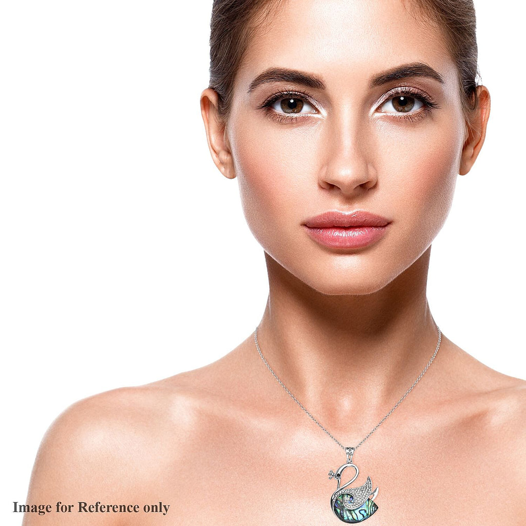 Abalone Shell, Black & White Austrian Crystal Swan Pendant with Chain (Size-20) in Silver Tone