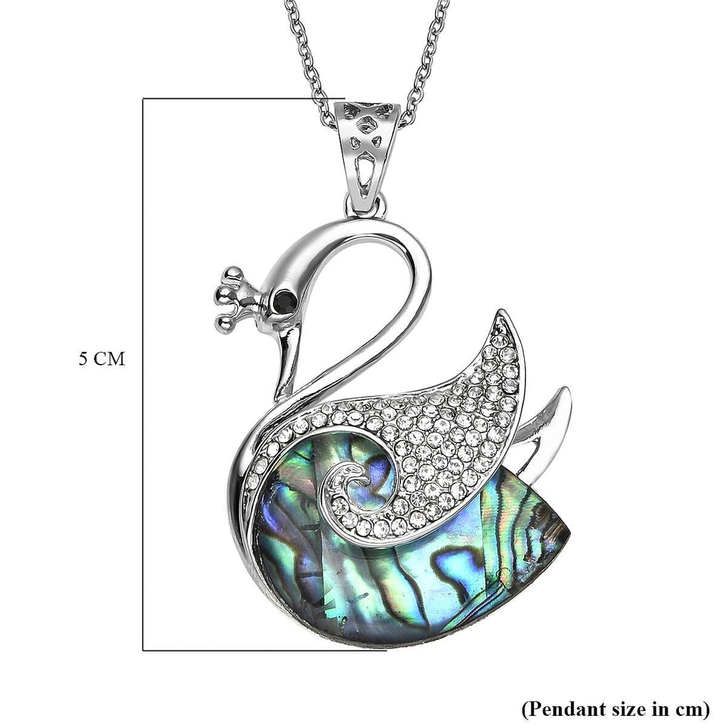 Abalone Shell, Black & White Austrian Crystal Swan Pendant with Chain (Size-20) in Silver Tone