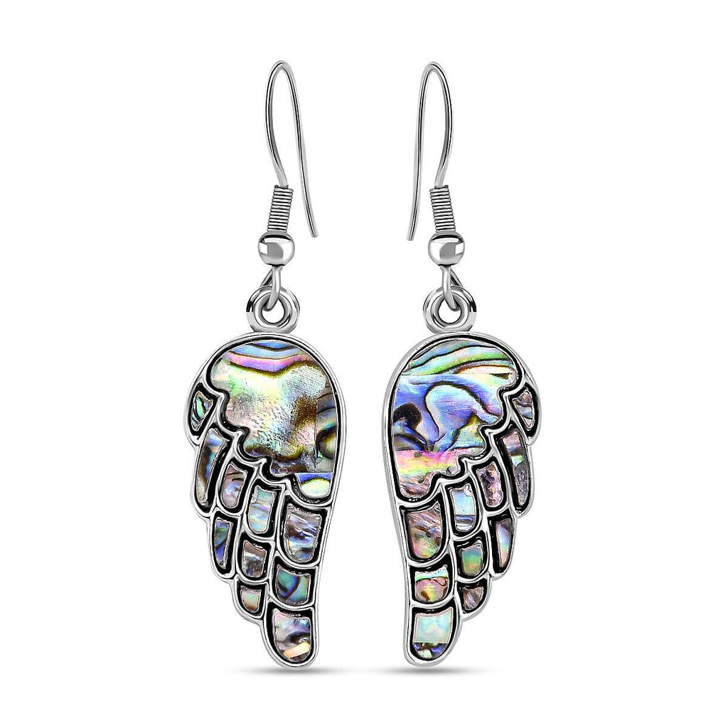 Abalone Shell Angel Wing Earrings (With Hook) in Silver Tone