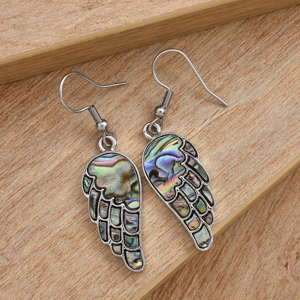Abalone Shell Angel Wing Earrings (With Hook) in Silver Tone