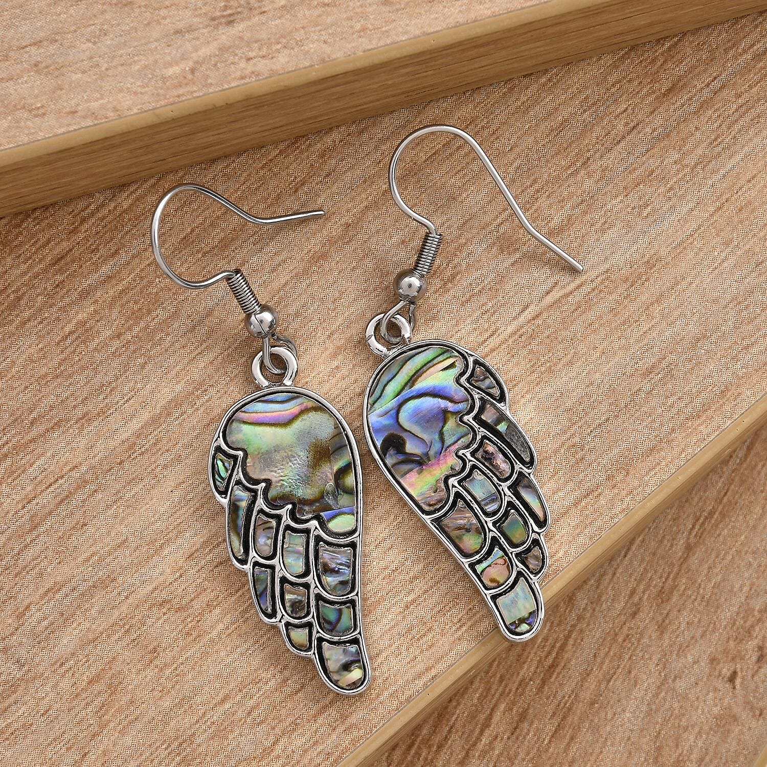 Abalone Shell Angel Wing Earrings (With Hook) in Silver Tone 7266326 1