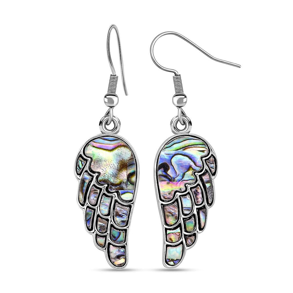 Abalone Shell Angel Wing Earrings (With Hook) in Silver Tone