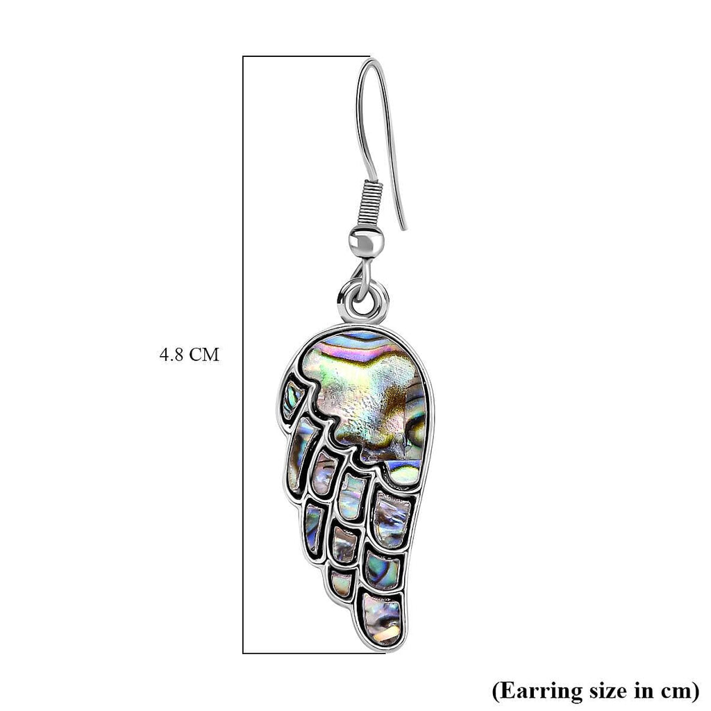Abalone Shell Angel Wing Earrings (With Hook) in Silver Tone