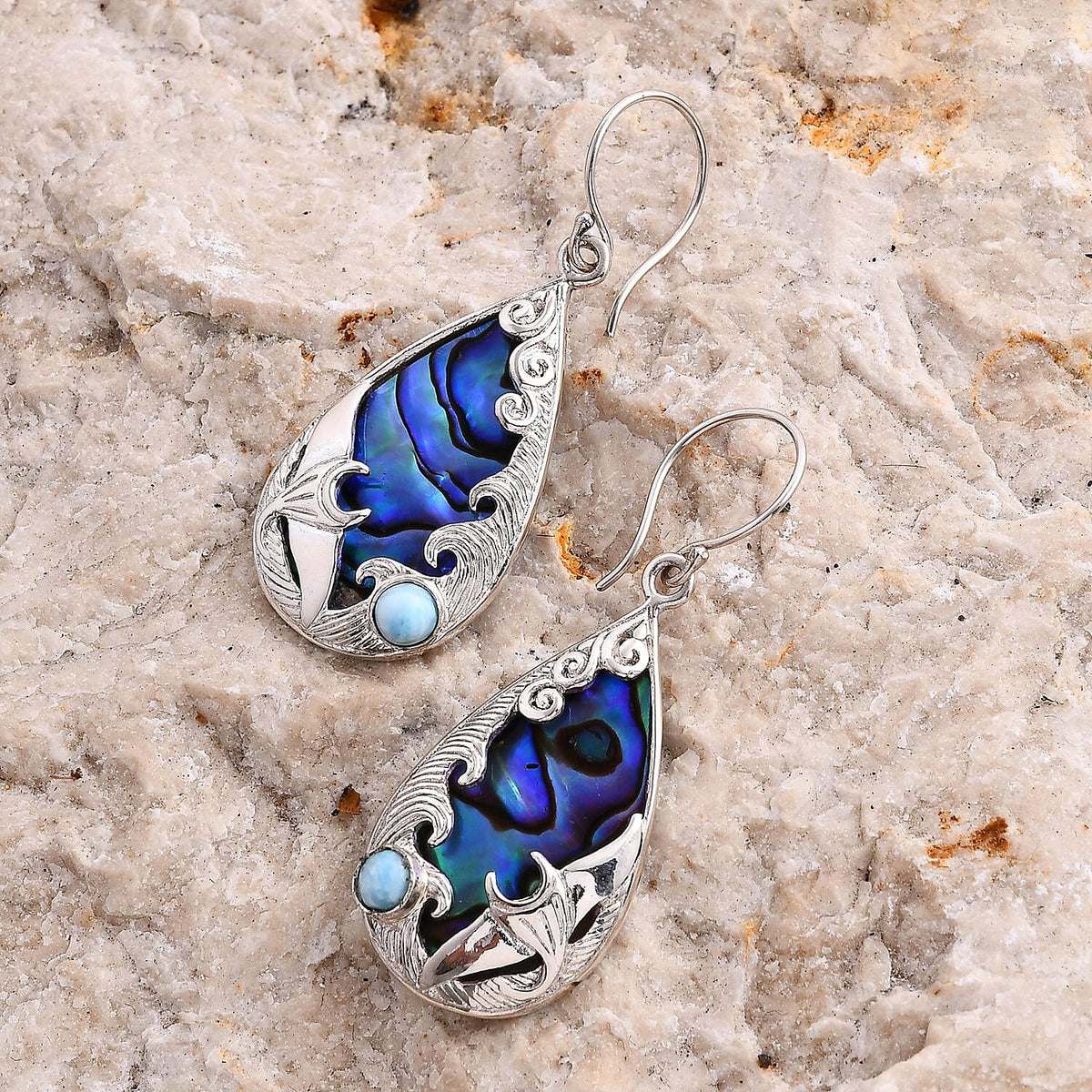 Abalone Shell, Larimar Sealife Earrings in Sterling Silver 10.70 Ct 7768589 1