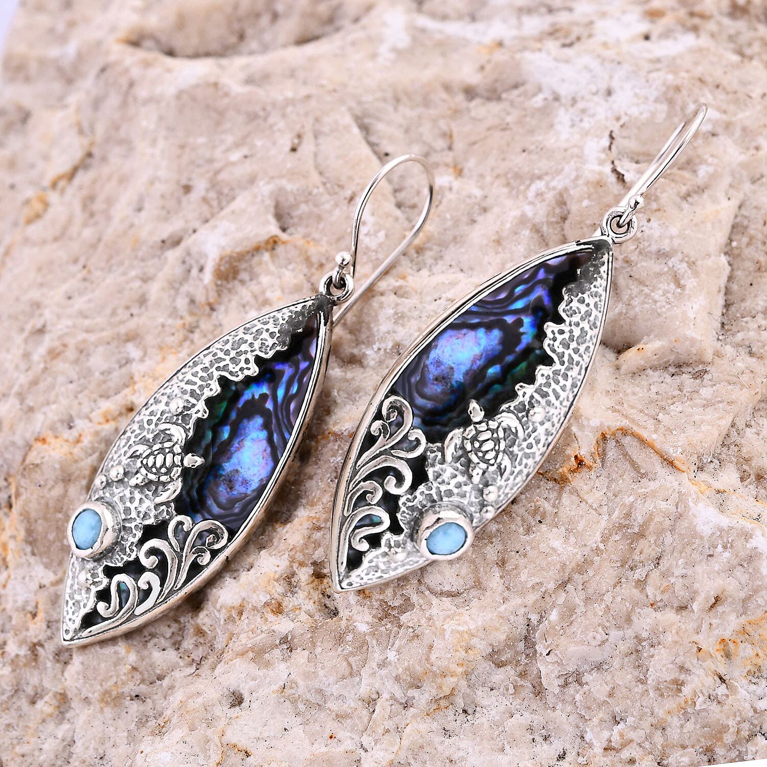 Abalone Shell, Larimar Fish Earrings in Sterling Silver 9.72 ct 7768645 1
