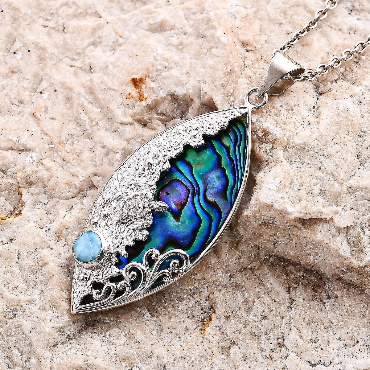 Abalone Shell, Larimar Fish Pendant in Sterling Silver 9.04 Ct 7768617 2