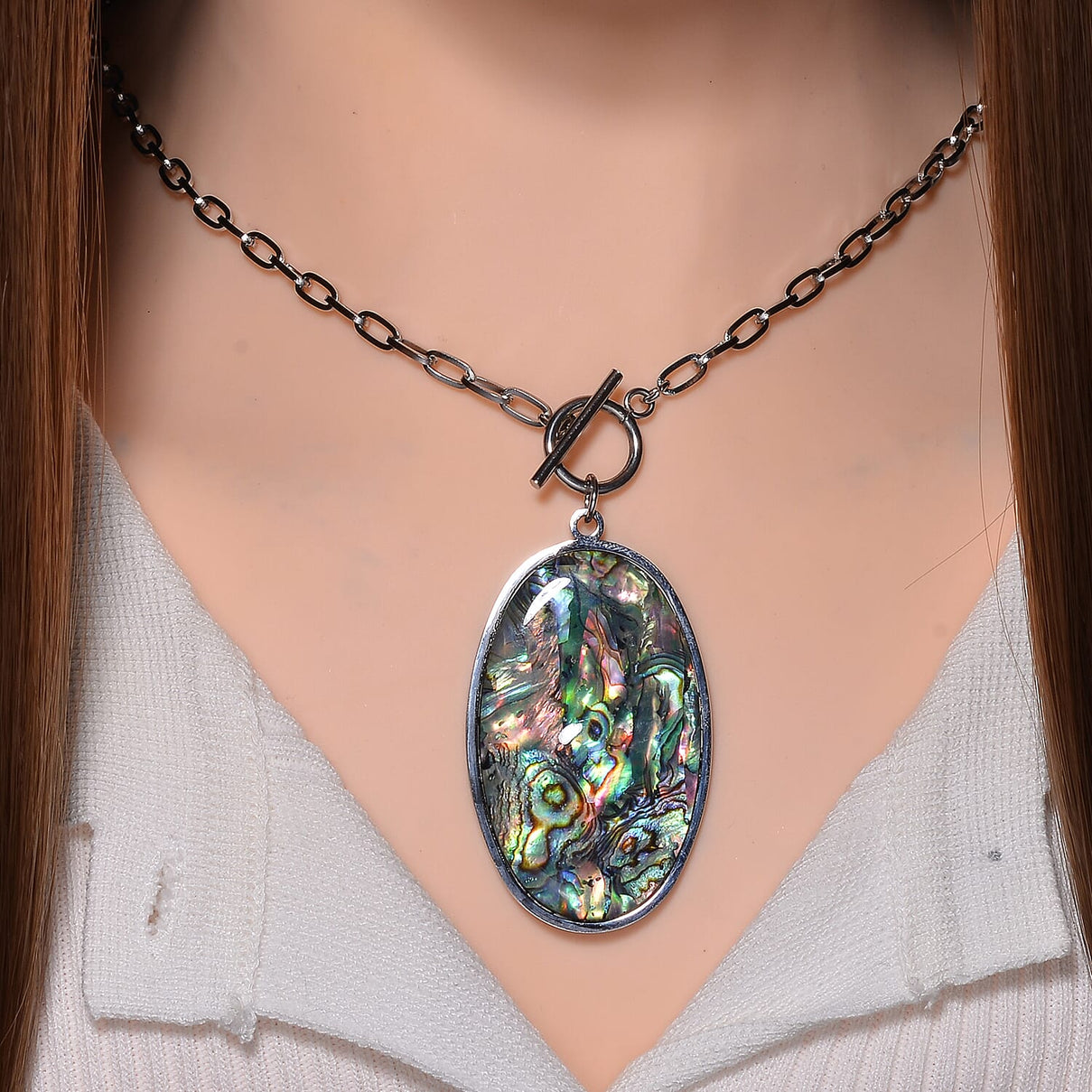 Oval Shape Abalone Shell Necklace (Size - 24) with T-Bar Clasp 7669909 2