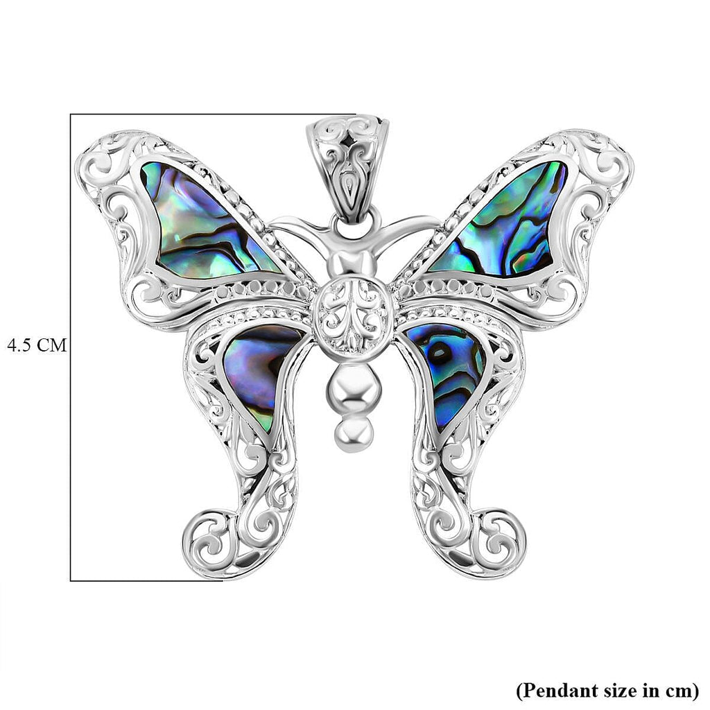 Royal Bali Collection - Abalone Shell Butterfly Pendant in Sterling Silver, Silver Wt. 8.00 Gms