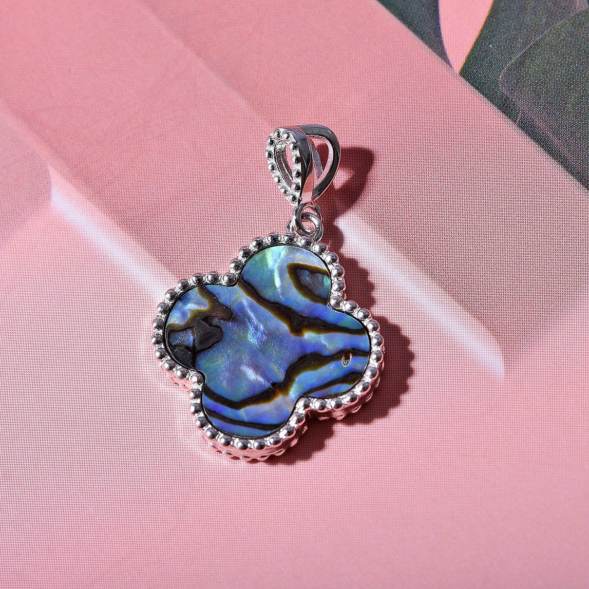 Designer Inspired Abalone Shell Clover Pendant in Rhodium Overlay Sterling Silver 7813879 2