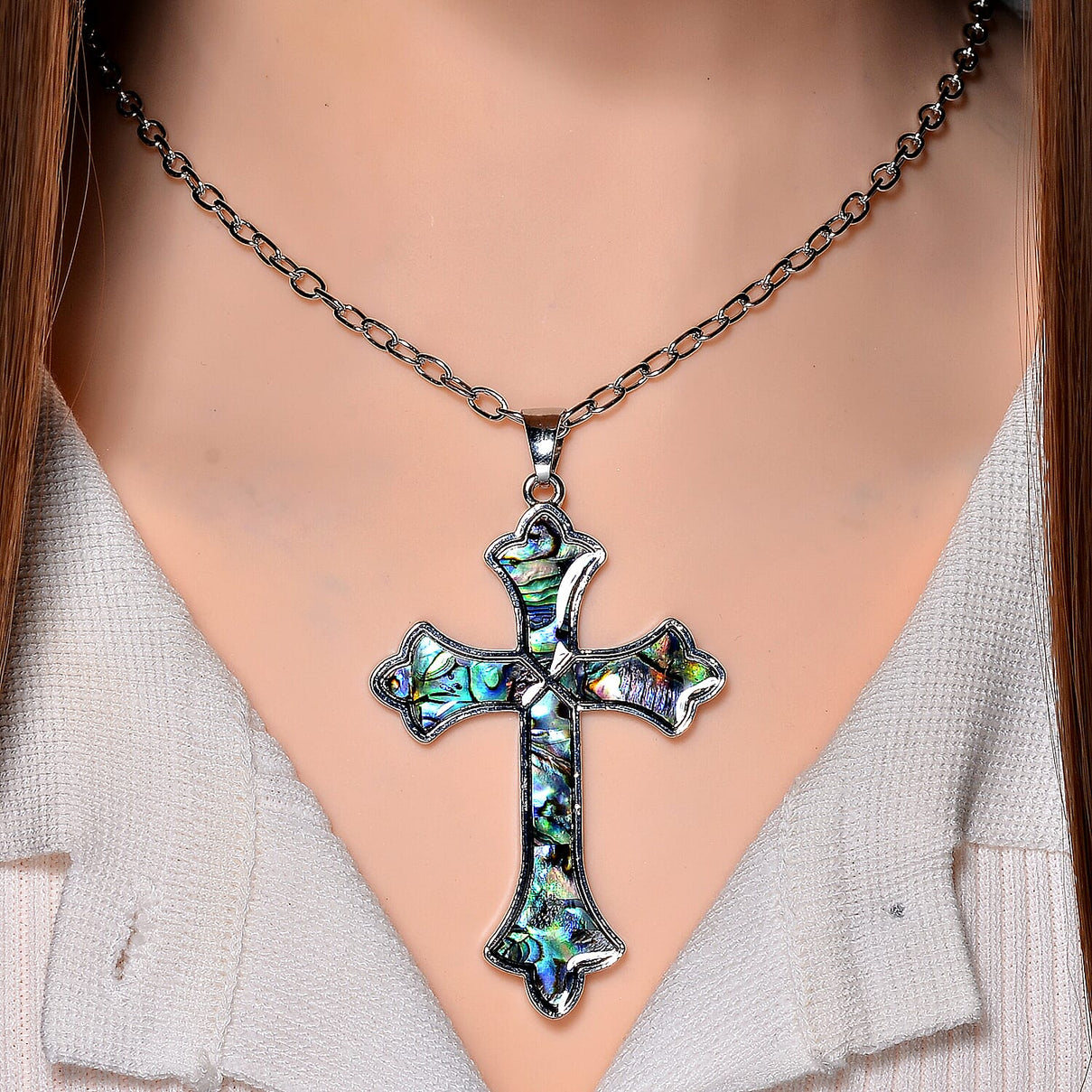 Abalone Shell Cross Pendant with Chain (Size 24) 4291391 1