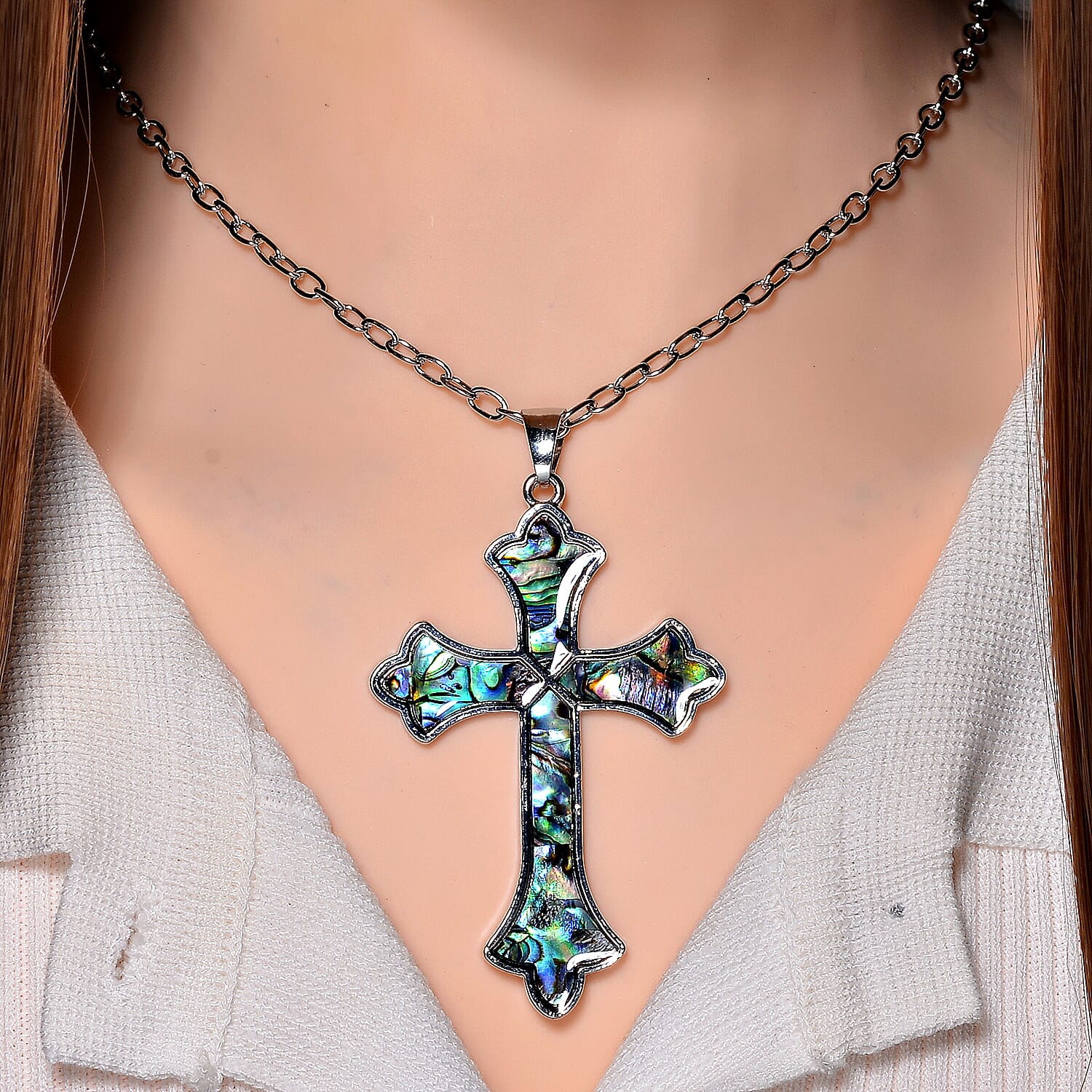 Abalone Shell Cross Pendant with Chain (Size 24) 4291391 1