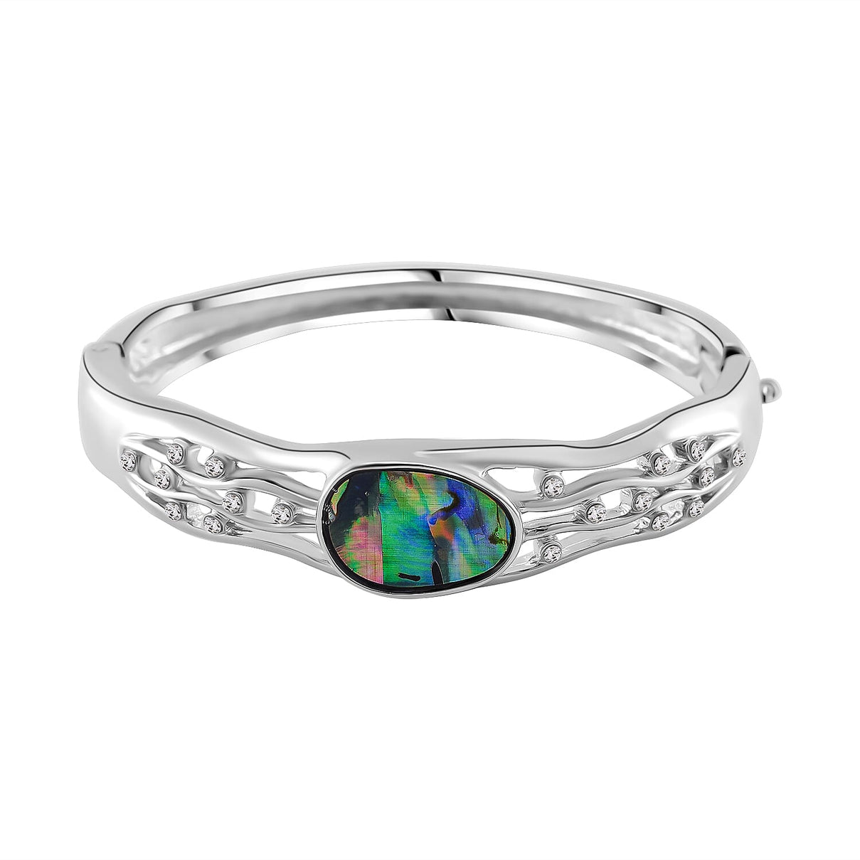 Designer Inspired- Abalone Shell, White Crystal Wave Bangle (Size 7.5) in Silvertone 7811848 0
