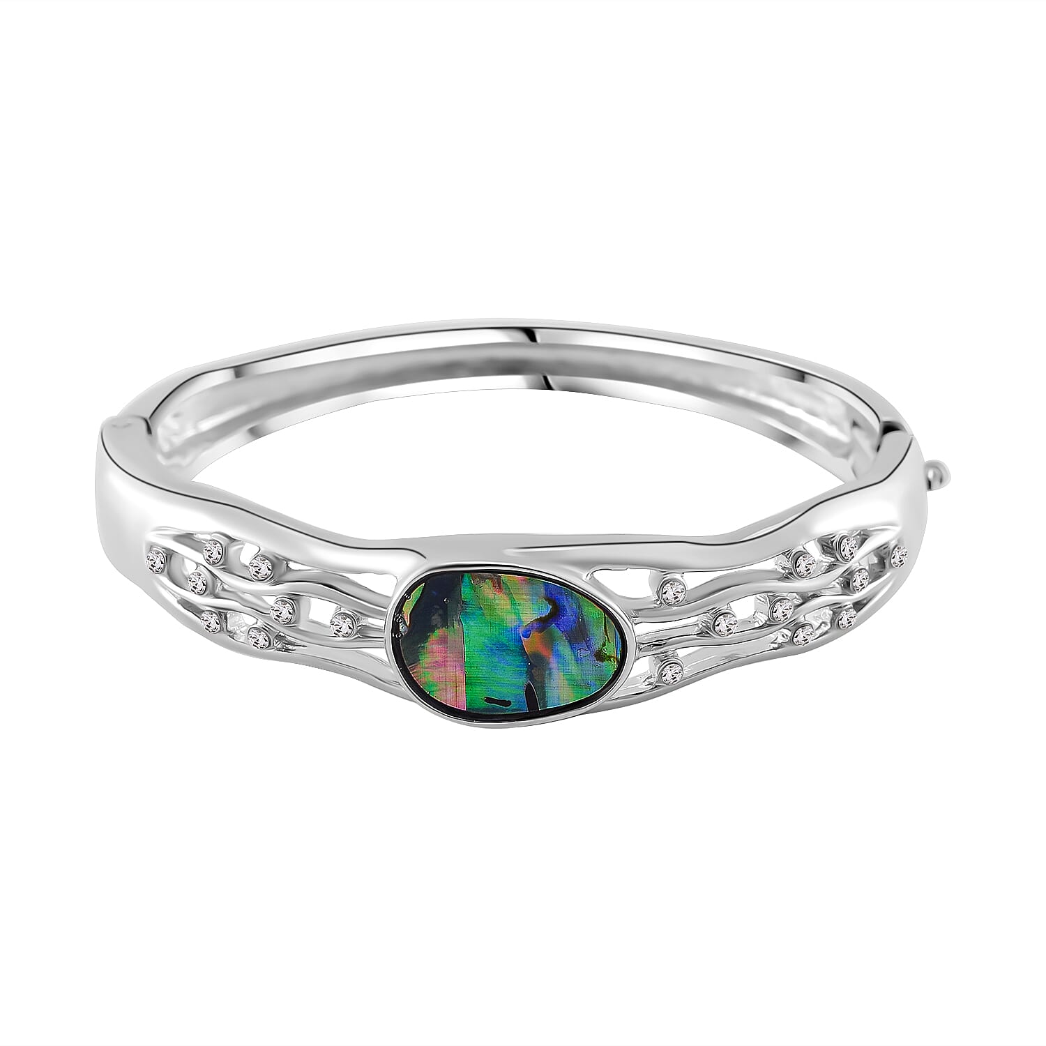 Designer Inspired- Abalone Shell, White Crystal Wave Bangle (Size 7.5) in Silvertone 7811848 0