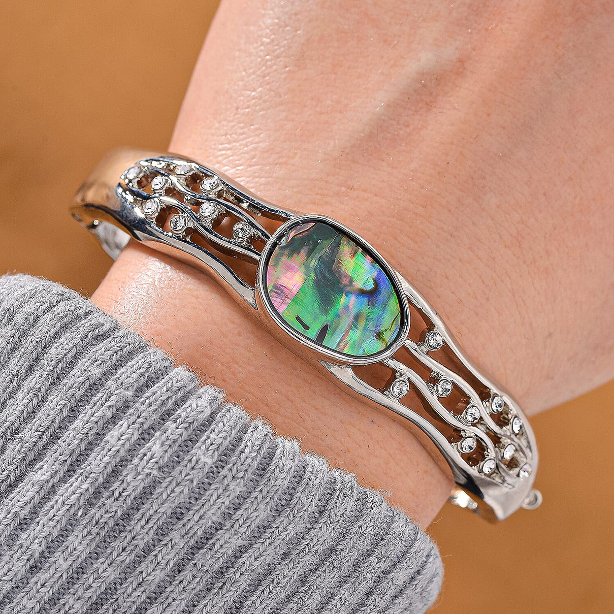 Designer Inspired- Abalone Shell, White Crystal Wave Bangle (Size 7.5) in Silvertone 7811848 2
