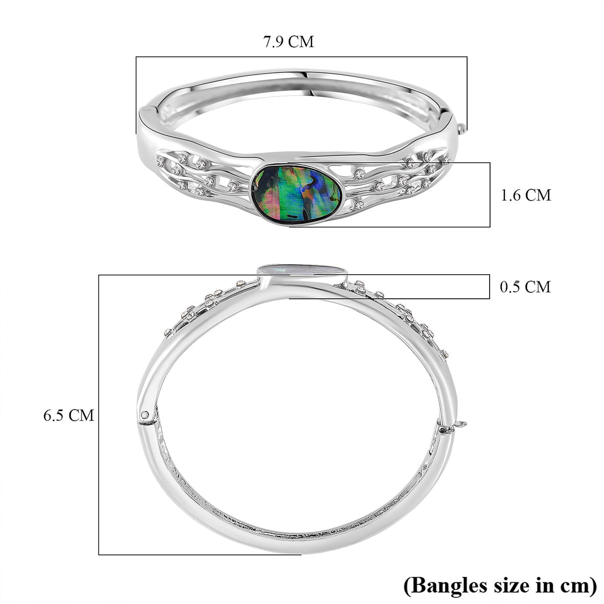 Designer Inspired- Abalone Shell, White Crystal Wave Bangle (Size 7.5) in Silvertone 7811848 6