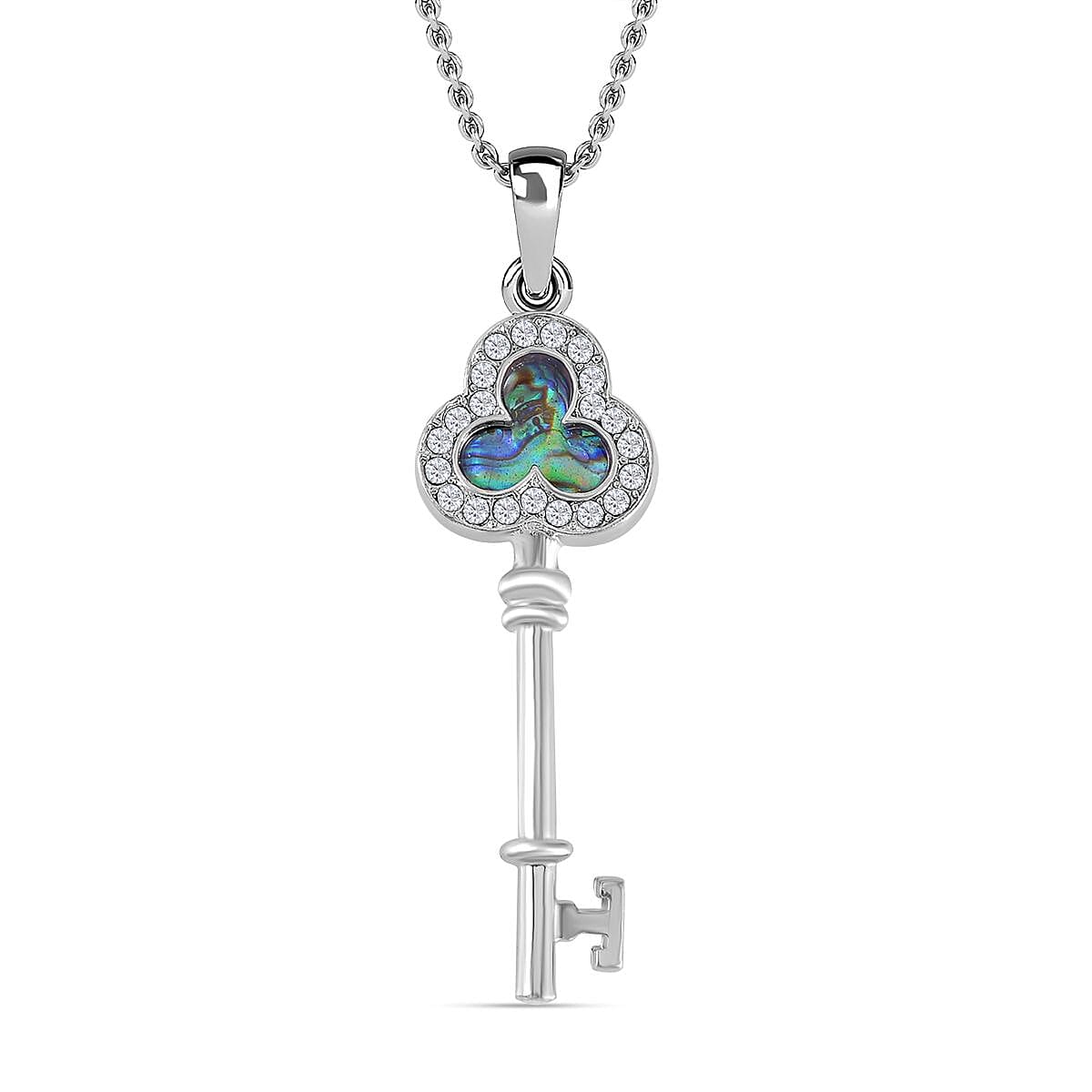 Abalone Shell &amp; White Austrian Crystal Key Pendant with Chain (Size 20) in Silver Tone 4180105 0