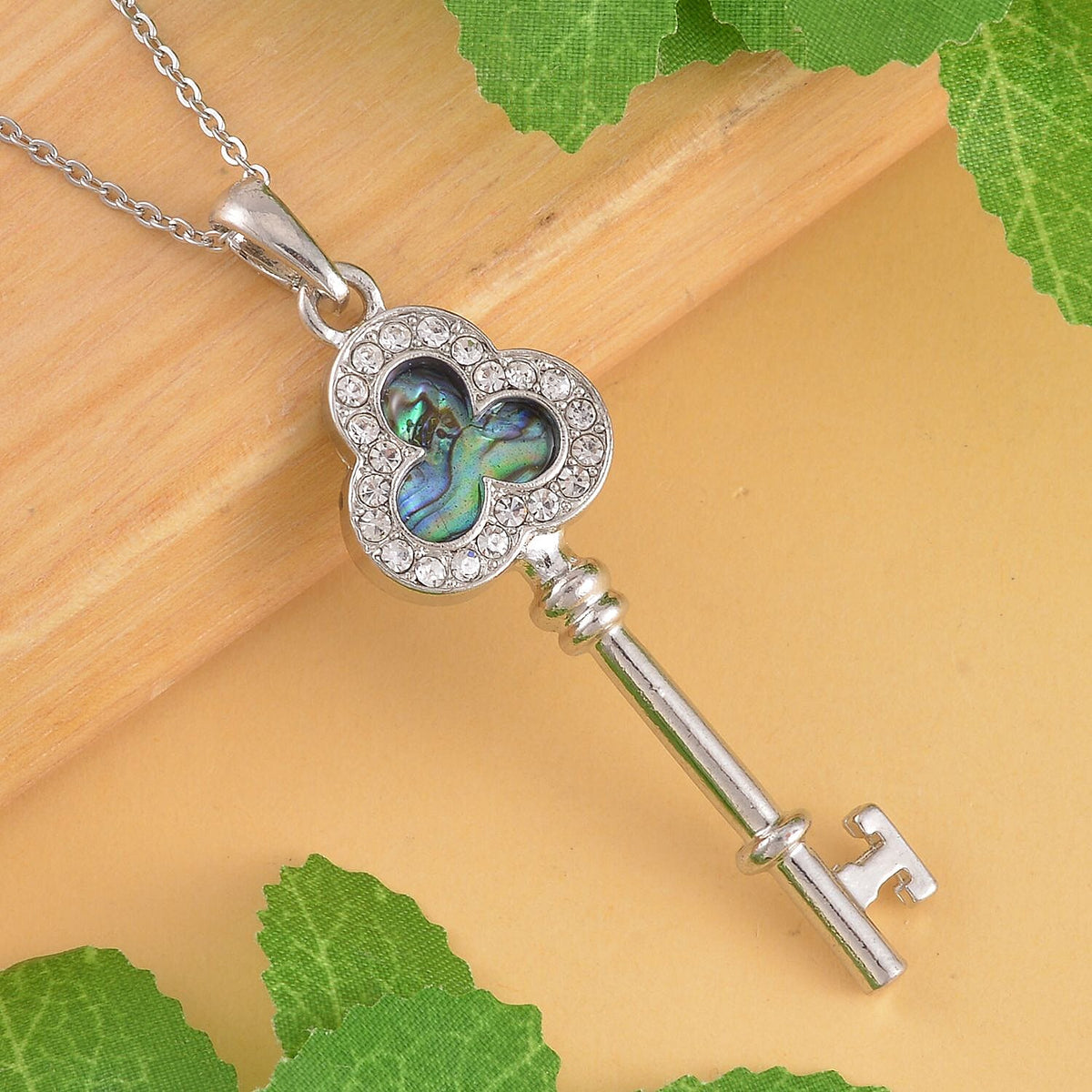 Abalone Shell &amp; White Austrian Crystal Key Pendant with Chain (Size 20) in Silver Tone 4180105 2