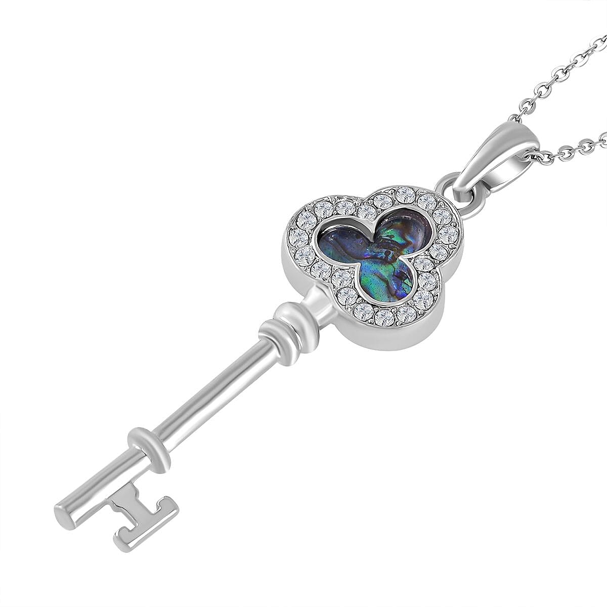 Abalone Shell &amp; White Austrian Crystal Key Pendant with Chain (Size 20) in Silver Tone 4180105 4