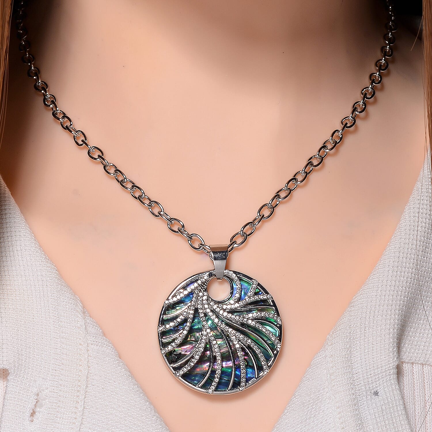 Abalone Shell, White Crystal Pendant with Chain (Size 24) 4291396 1