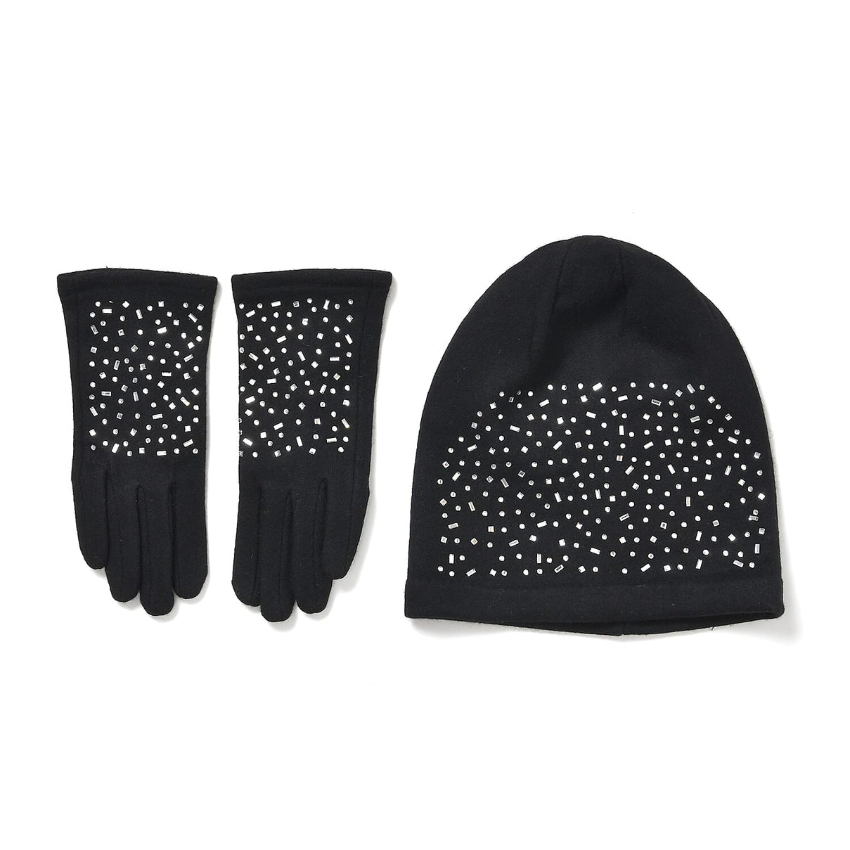 Premium Cashmere Wool Crystal Embellished Hat and Gloves - Black 7842640 0