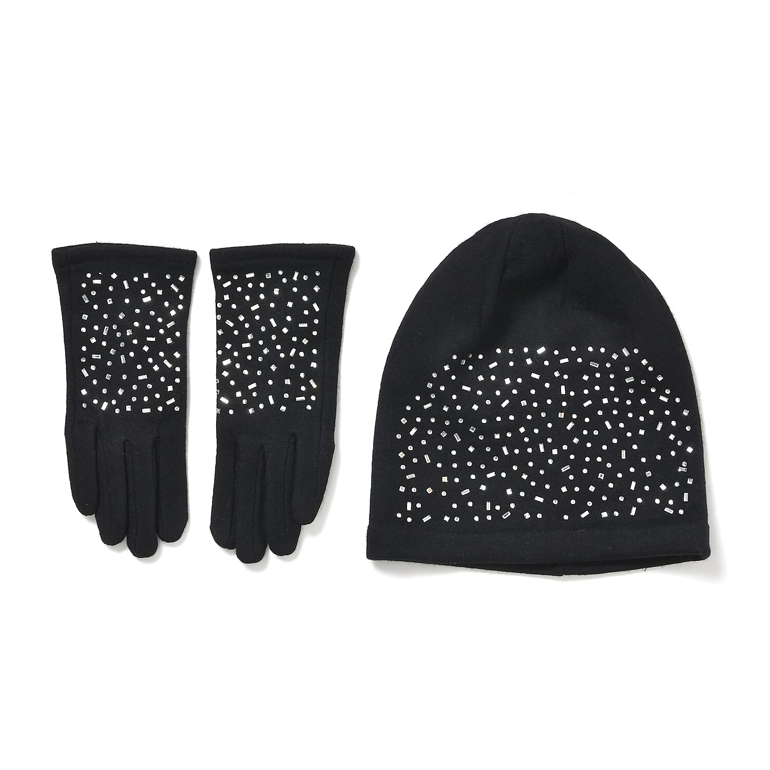 Premium Cashmere Wool Crystal Embellished Hat and Gloves - Black 7842640 0